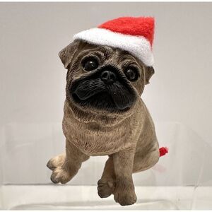 Sandicast Christmas Ornament Fawn Pug Puppy‎ Dog Santa Hat In Original Box Plaid